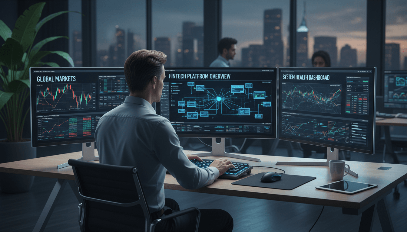 FinTech architect designing system architecture on modern workstation