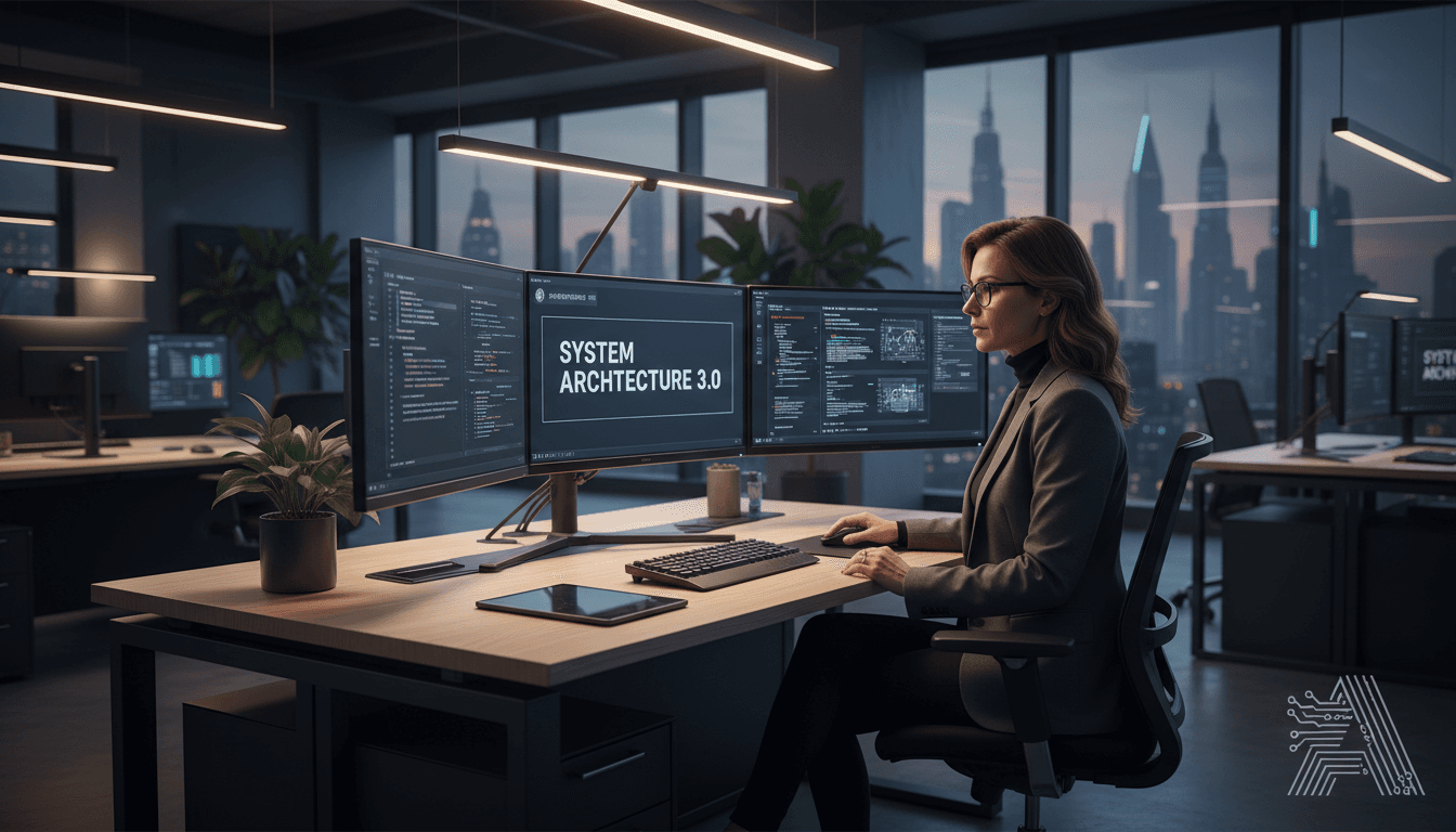 Software architect designing FinTech architecture at a modern workstation